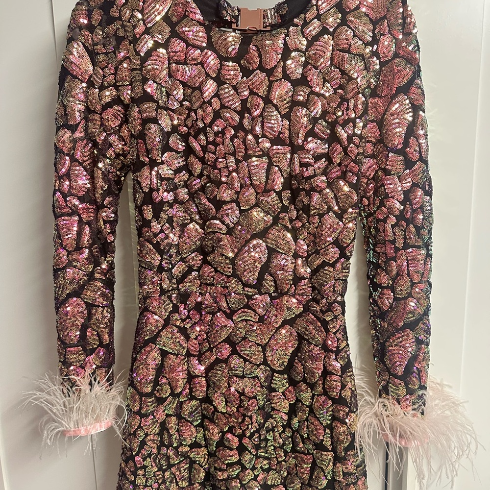 Sequin Long Sleeve Dress with Feather Cuffs